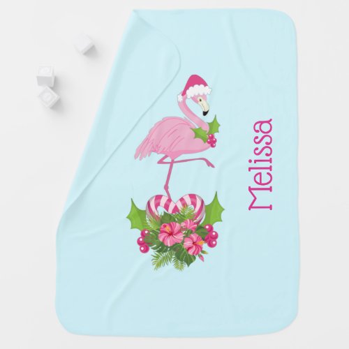 Pink Flamingo in Santa Hat with Candy Cane Bouquet Baby Blanket