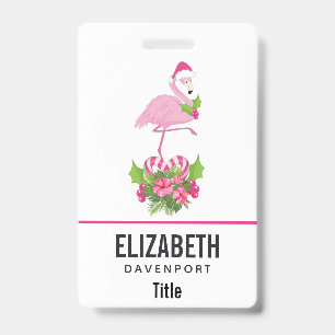 Pink Flamingo in Santa Hat with Candy Cane Bouquet Badge