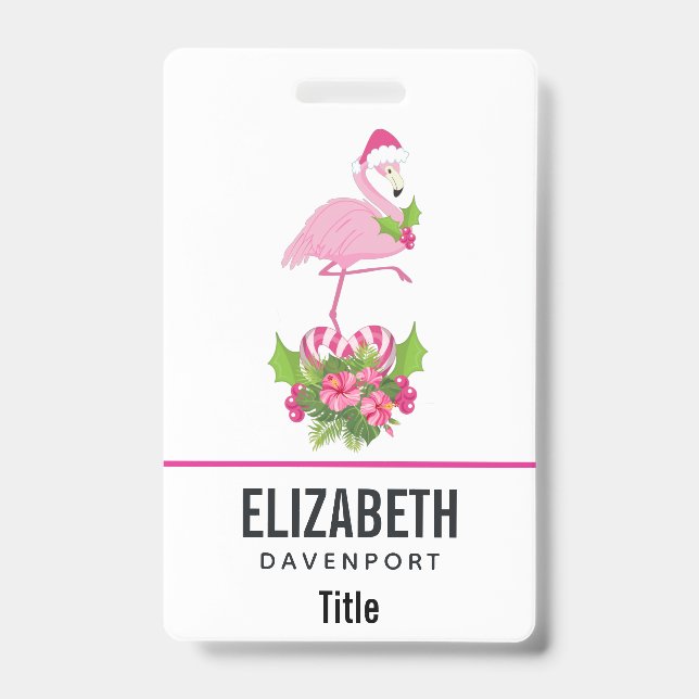 Pink Flamingo in Santa Hat with Candy Cane Bouquet Badge (Front)