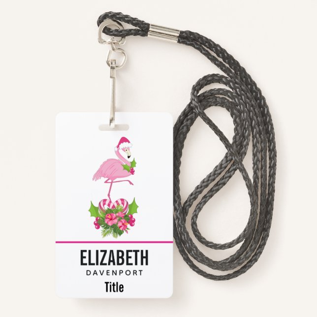 Pink Flamingo in Santa Hat with Candy Cane Bouquet Badge (Front with Lanyard)