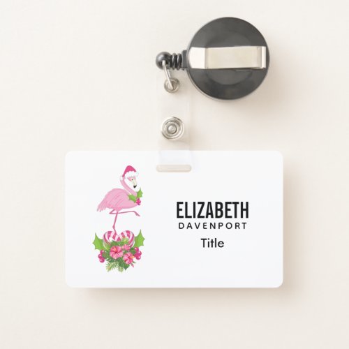 Pink Flamingo in Santa Hat with Candy Cane Bouquet Badge