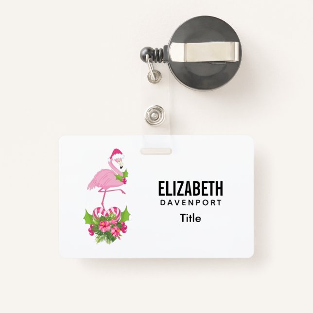 Pink Flamingo in Santa Hat with Candy Cane Bouquet Badge (Back with Retractable)