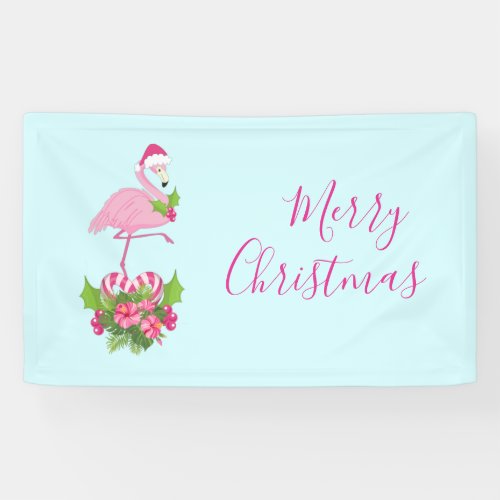 Pink Flamingo in Santa Hat with Candy Cane Bouquet Banner