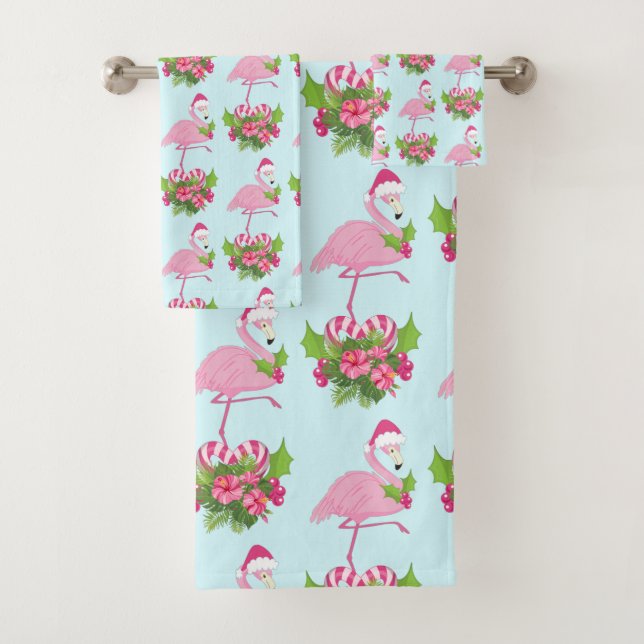 Pink Flamingo in Santa Hat with Candy Cane Bouquet Bath Towel Set (Insitu)
