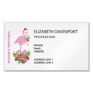 Pink Flamingo in Santa Hat with Candy Cane Bouquet Business Card Magnet