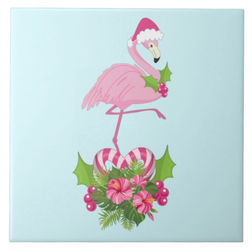 Pink Flamingo in Santa Hat with Candy Cane Bouquet Ceramic Tile