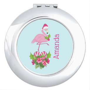 Pink Flamingo in Santa Hat with Candy Cane Bouquet Compact Mirror