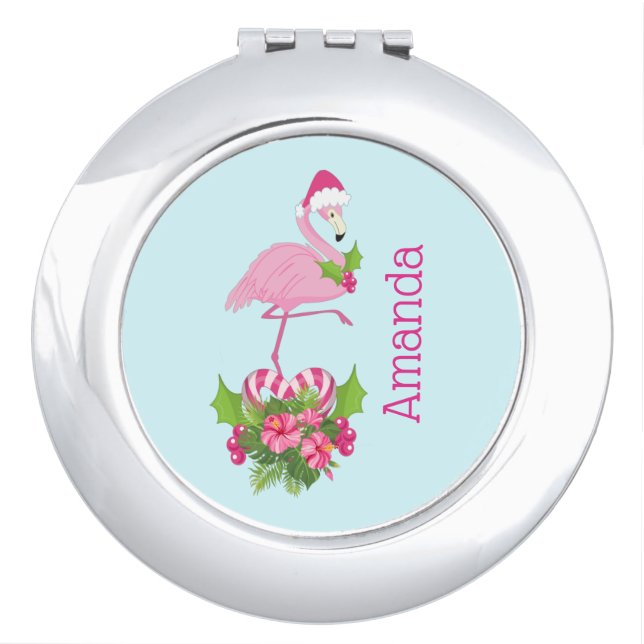 Pink Flamingo in Santa Hat with Candy Cane Bouquet Compact Mirror (Front)