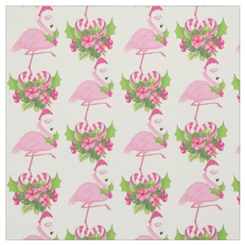 Pink Flamingo in Santa Hat with Candy Cane Bouquet Fabric