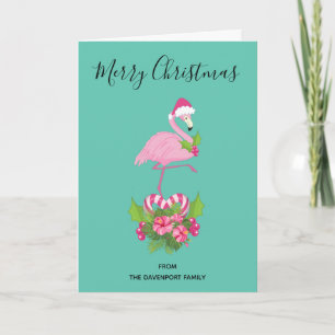 Pink Flamingo in Santa Hat with Candy Cane Bouquet Holiday Card