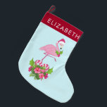 Pink Flamingo in Santa Hat with Candy Cane Bouquet Large Christmas Stocking<br><div class="desc">Christmas stocking with a tropical themed Christmas flamingo wearing a pink santa hat. Underneath its feet is a candy cane bouquet with pretty tropical flowers and pink berries. A sprig of holly on its chest.</div>