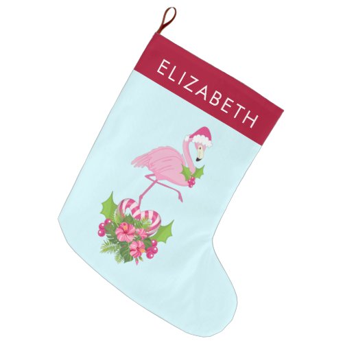 Pink Flamingo in Santa Hat with Candy Cane Bouquet Large Christmas Stocking