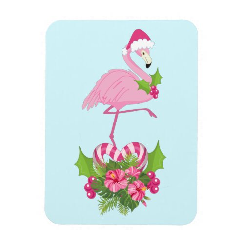 Pink Flamingo in Santa Hat with Candy Cane Bouquet Magnet