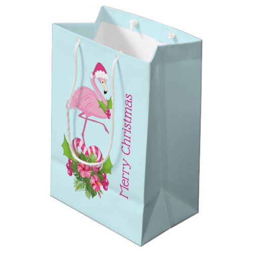 Pink Flamingo in Santa Hat with Candy Cane Bouquet Medium Gift Bag