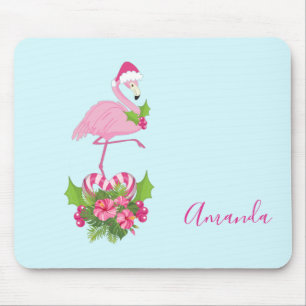 Pink Flamingo in Santa Hat with Candy Cane Bouquet Mouse Pad