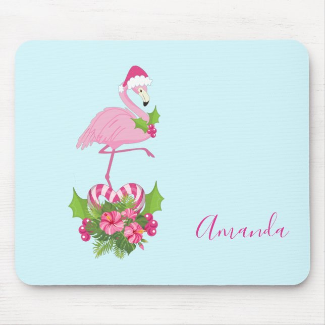 Pink Flamingo in Santa Hat with Candy Cane Bouquet Mouse Pad (Front)