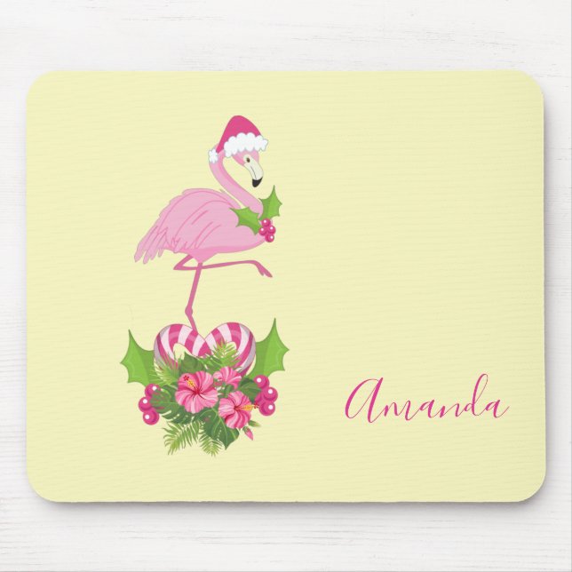 Pink Flamingo in Santa Hat with Candy Cane Bouquet Mouse Pad (Front)