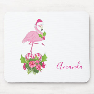 Pink Flamingo in Santa Hat with Candy Cane Bouquet Mouse Pad