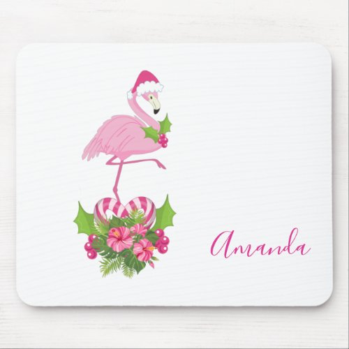 Pink Flamingo in Santa Hat with Candy Cane Bouquet Mouse Pad