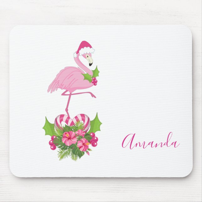 Pink Flamingo in Santa Hat with Candy Cane Bouquet Mouse Pad (Front)