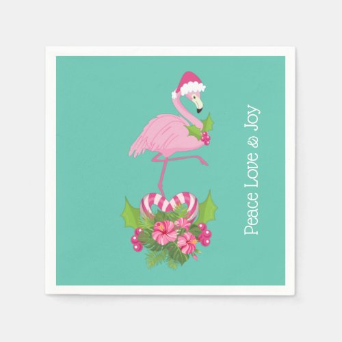 Pink Flamingo in Santa Hat with Candy Cane Bouquet Napkins