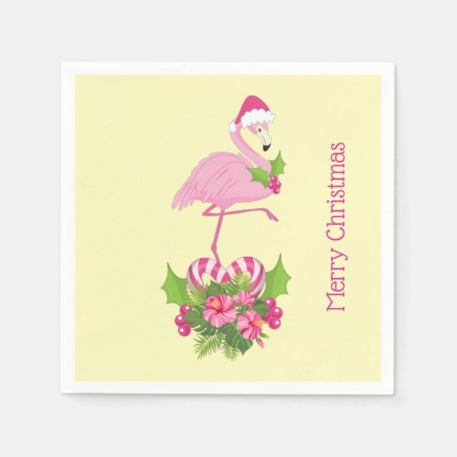 Pink Flamingo in Santa Hat with Candy Cane Bouquet Napkins