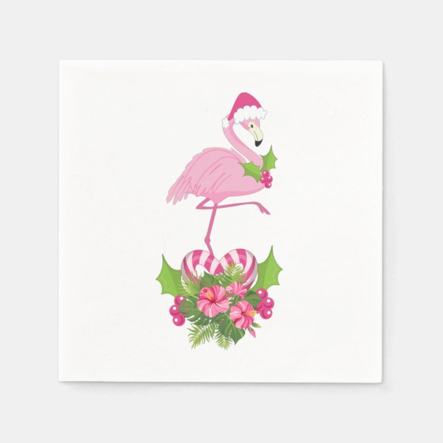 Pink Flamingo in Santa Hat with Candy Cane Bouquet Napkins (Front)