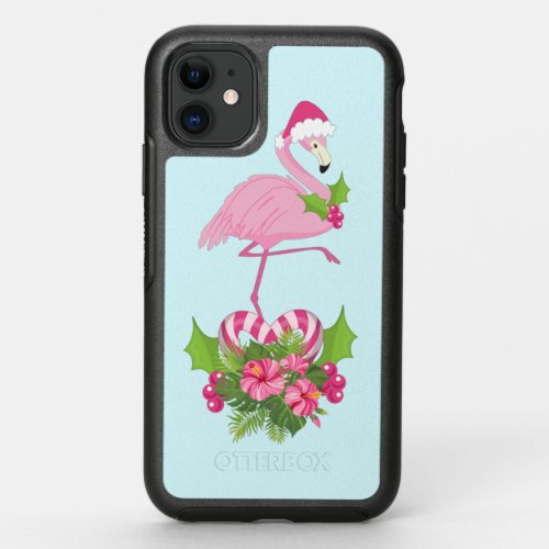 Pink Flamingo in Santa Hat with Candy Cane Bouquet OtterBox Symmetry iPhone 11 Case