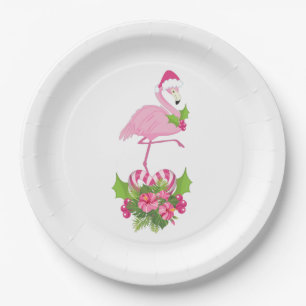 Pink Flamingo in Santa Hat with Candy Cane Bouquet Paper Plates