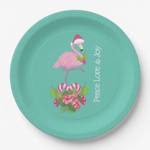 Pink Flamingo in Santa Hat with Candy Cane Bouquet Paper Plates