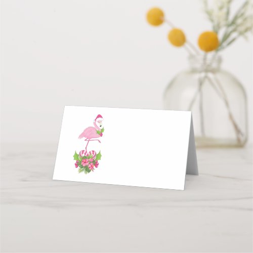 Pink Flamingo in Santa Hat with Candy Cane Bouquet Place Card