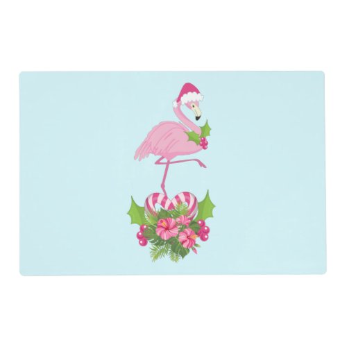 Pink Flamingo in Santa Hat with Candy Cane Bouquet Placemat