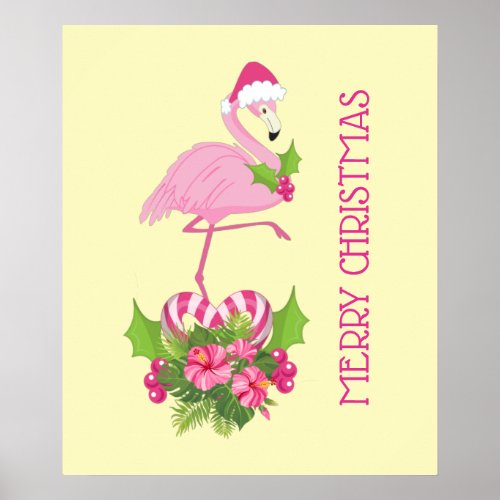 Pink Flamingo in Santa Hat with Candy Cane Bouquet Poster