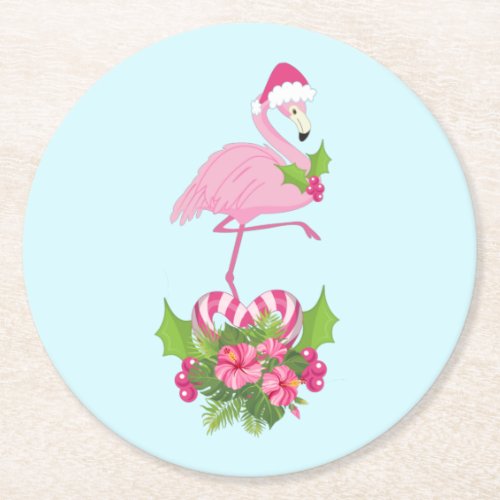 Pink Flamingo in Santa Hat with Candy Cane Bouquet Round Paper Coaster