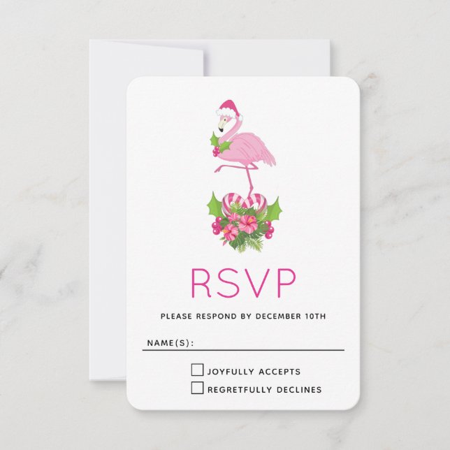 Pink Flamingo in Santa Hat with Candy Cane Bouquet RSVP Card (Front)