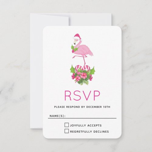 Pink Flamingo in Santa Hat with Candy Cane Bouquet RSVP Card