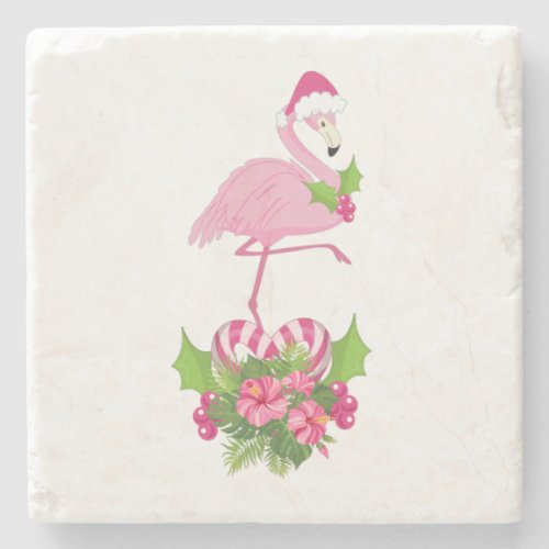 Pink Flamingo in Santa Hat with Candy Cane Bouquet Stone Coaster