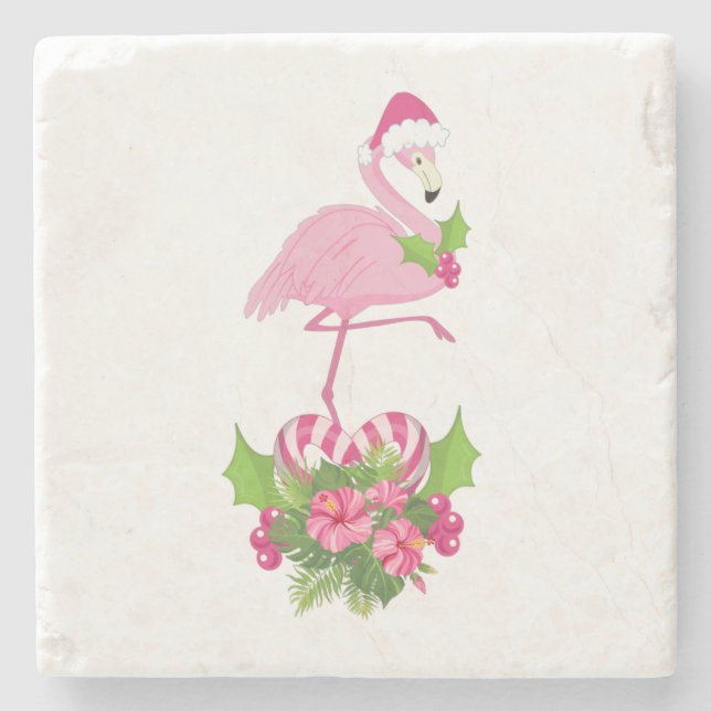 Pink Flamingo in Santa Hat with Candy Cane Bouquet Stone Coaster (Front)