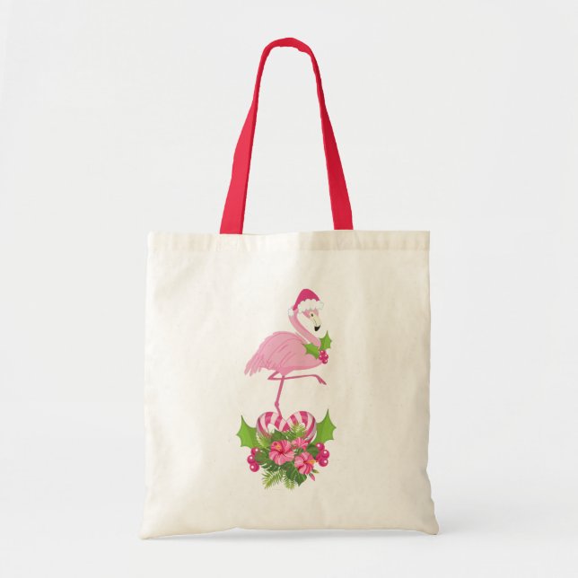 Pink Flamingo in Santa Hat with Candy Cane Bouquet Tote Bag (Front)
