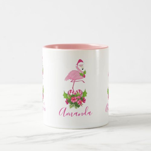 Pink Flamingo in Santa Hat with Candy Cane Bouquet Two_Tone Coffee Mug