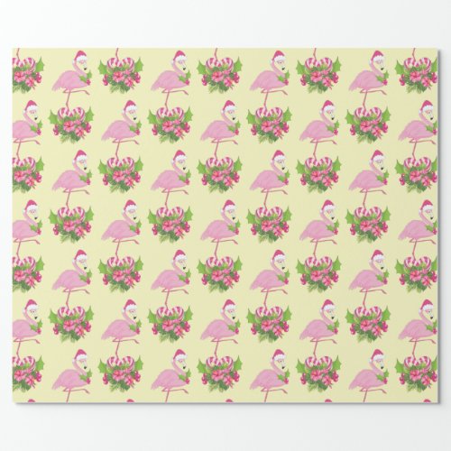 Pink Flamingo in Santa Hat with Candy Cane Bouquet Wrapping Paper