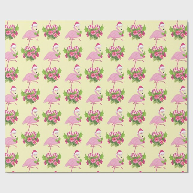 Pink Flamingo in Santa Hat with Candy Cane Bouquet Wrapping Paper (Flat)