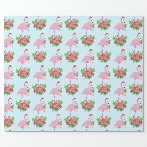 Pink Flamingo in Santa Hat with Candy Cane Bouquet Wrapping Paper