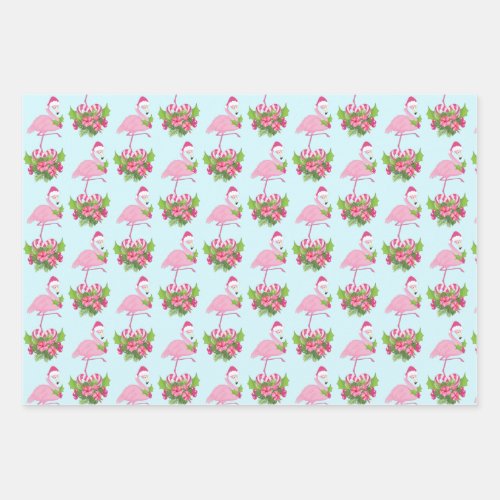 Pink Flamingo in Santa Hat with Candy Cane Bouquet Wrapping Paper Sheets