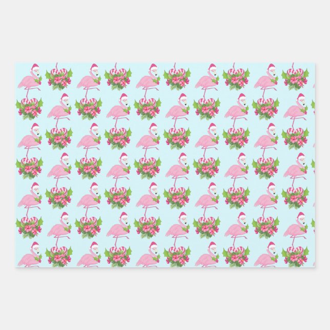 Pink Flamingo in Santa Hat with Candy Cane Bouquet Wrapping Paper Sheets (Front)