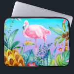 Pink Flamingo In Tropical Forest Laptop Sleeve<br><div class="desc">Cute very light pink and white flamingo watercolors illustration with colorful tropical flowers and trees design. Purple and turquoise gradient background image.</div>