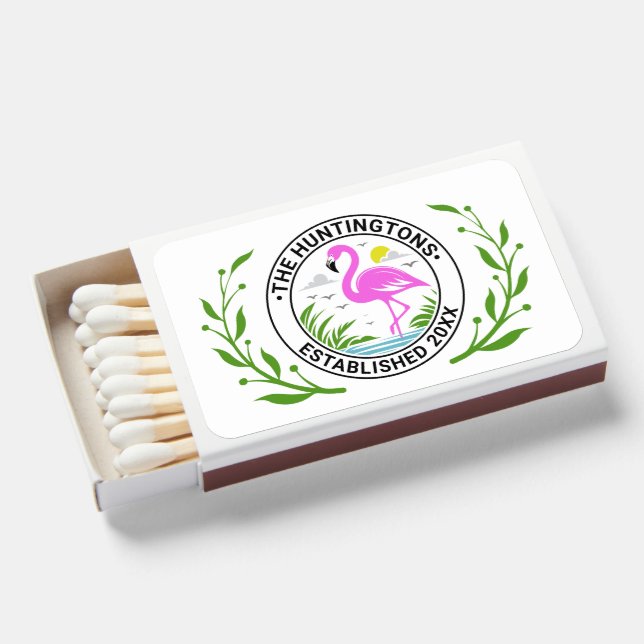 Pink Flamingo in Water Family Name Date Estd #1CW Matchboxes (Front Open)