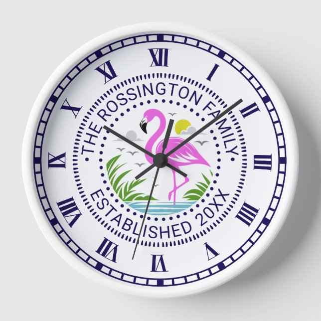 Pink Flamingo in Water Family Name Date Estd N Clock (Front)