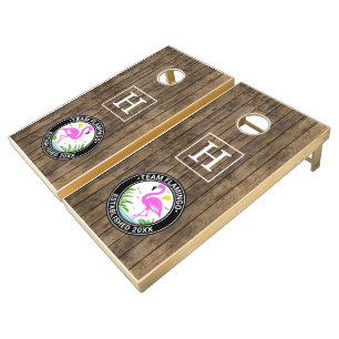 Pink Flamingo in Water Family Name Date Estd Wood Cornhole Set