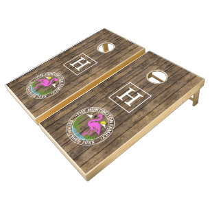 Pink Flamingo in Water Family Name Date Estd Wood Cornhole Set